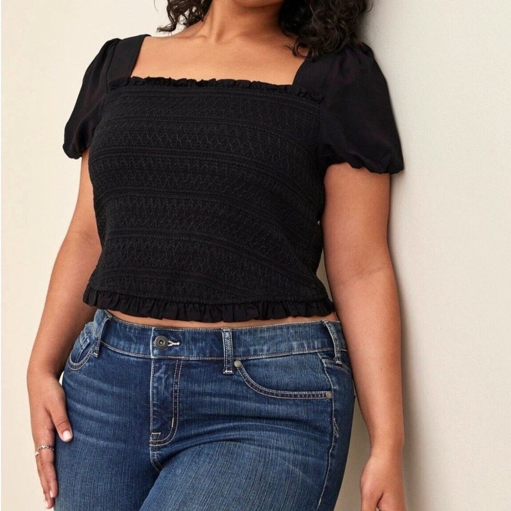 Torrid Smocked Puff Sleeve Top Womens 5X‎ Black Square Neck Boho Romantic Hippie